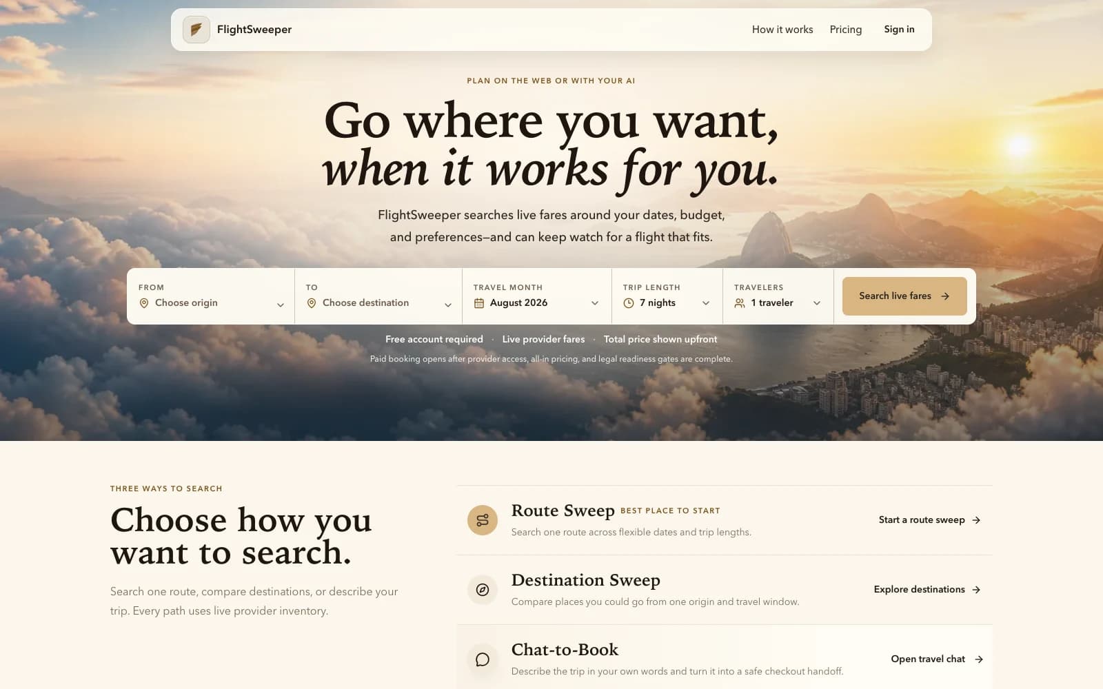 FlightSweeper live airfare search homepage with flexible trip controls