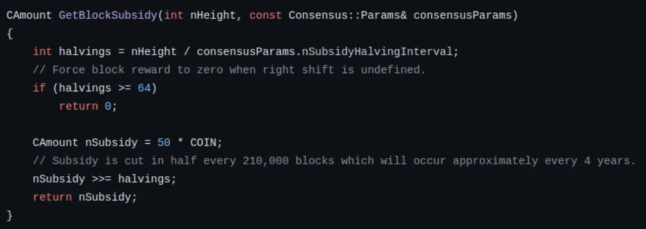 Bitcoin source code showing 21 million supply cap implementation