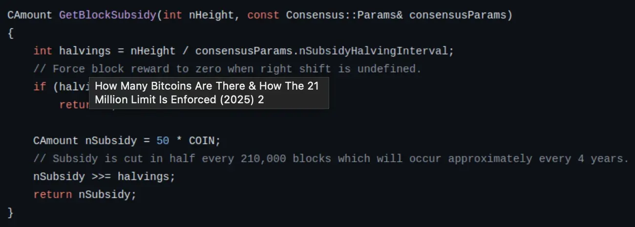 Bitcoin source code showing 21 million supply cap implementation
