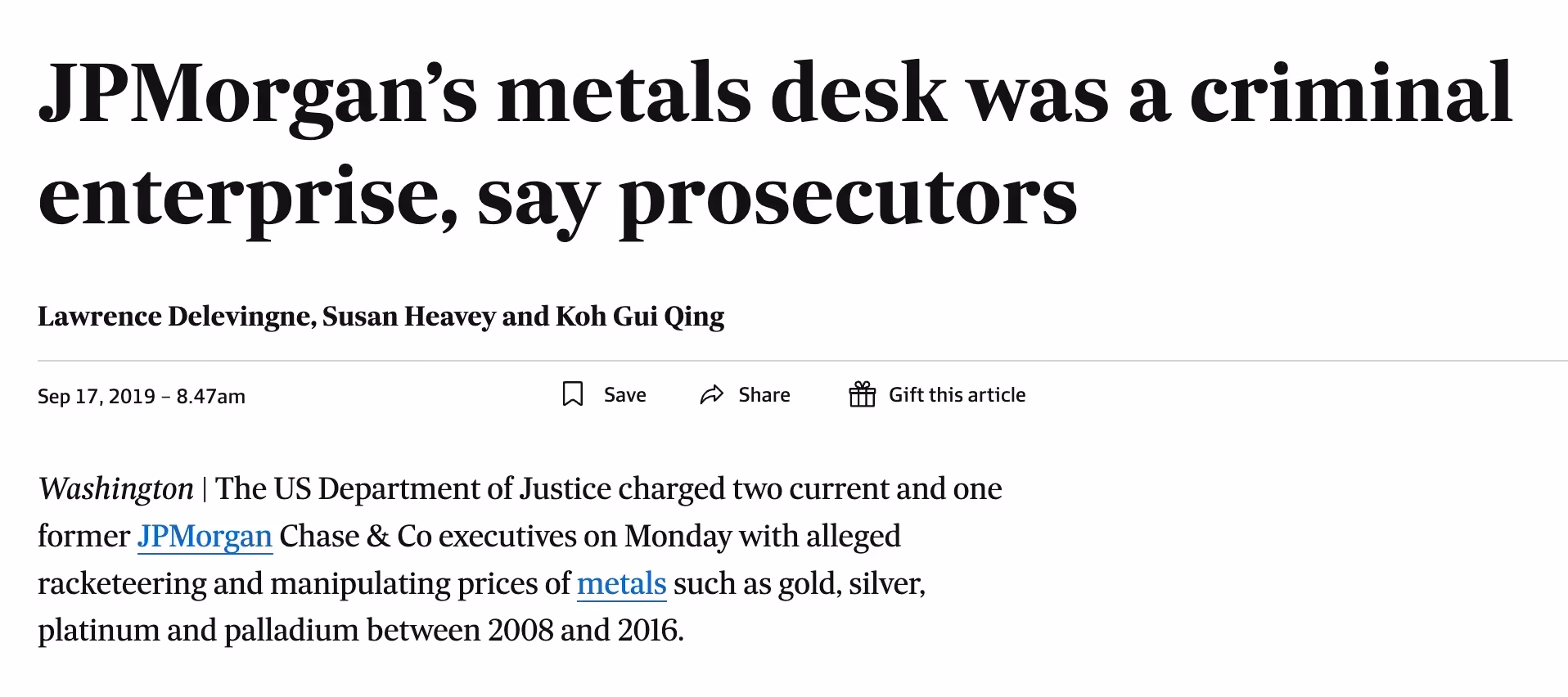 News headline about JPMorgan Chase gold market manipulation fine